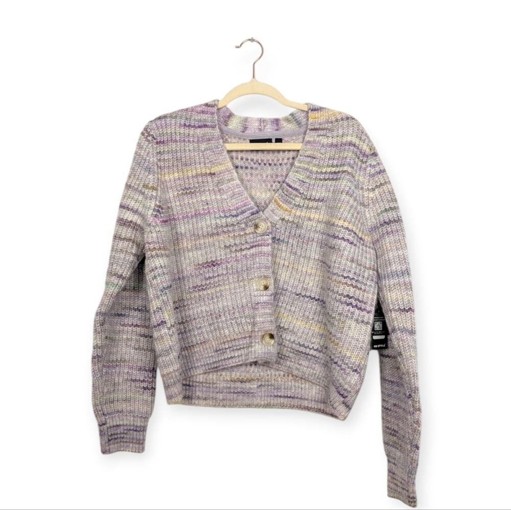 RD Style Tiana Cardigan L Lilac Button Front V Neck Knit Cozy Casual NWT
